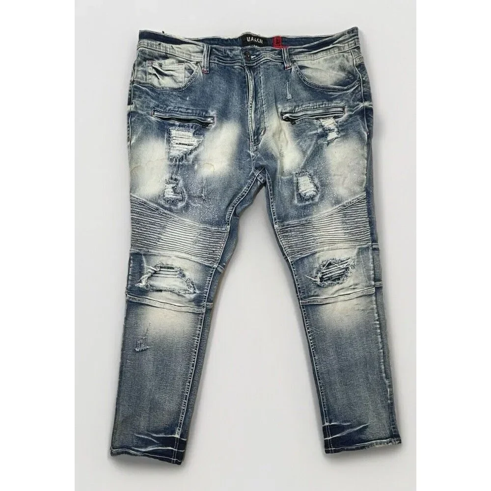 MAKOBI‎ Alki Biker Jeans Mens 44X32 M1757 Vintage Light Wash Moto Distressed NWT